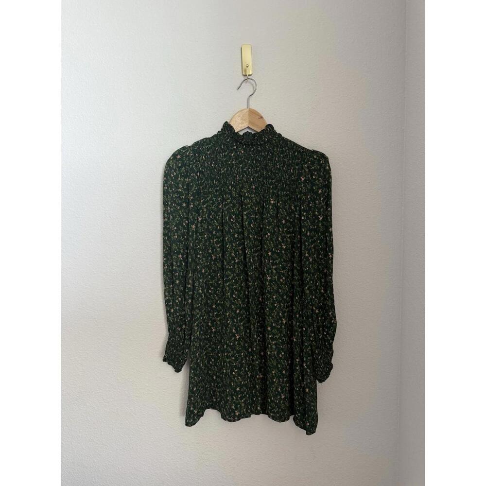 Reformation Brandi Green Floral Long Sleeve Smocked Mock Neck‎ Mini Dress Size S - Picture 3 of 8